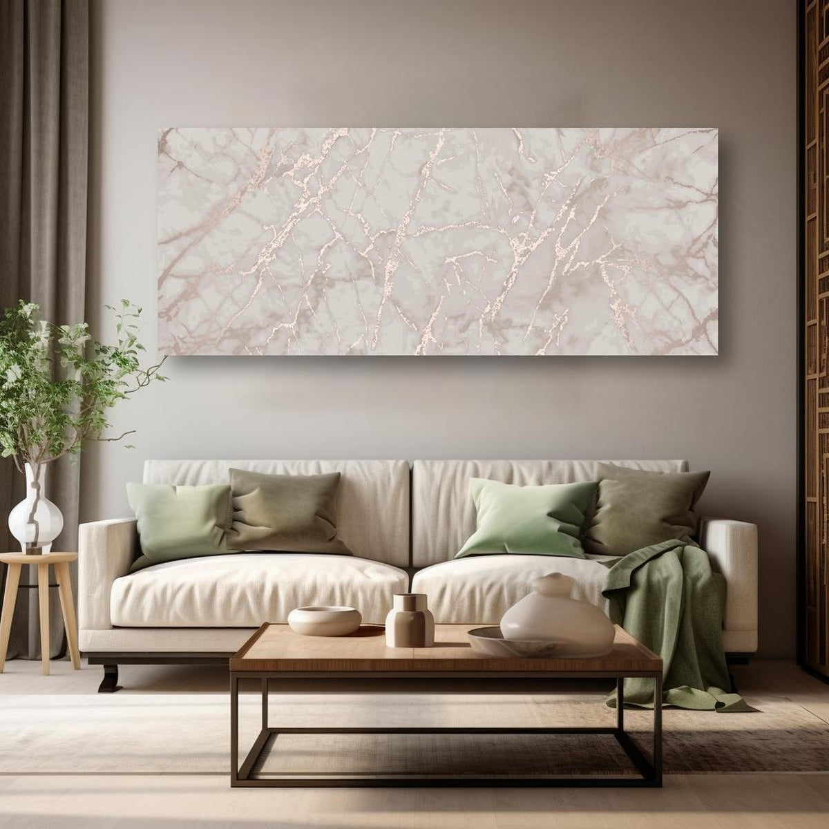 Wandbild - Marmor - kupfer-glitzer in kreativ eingerichtetem Zimmer mit moderner Vase