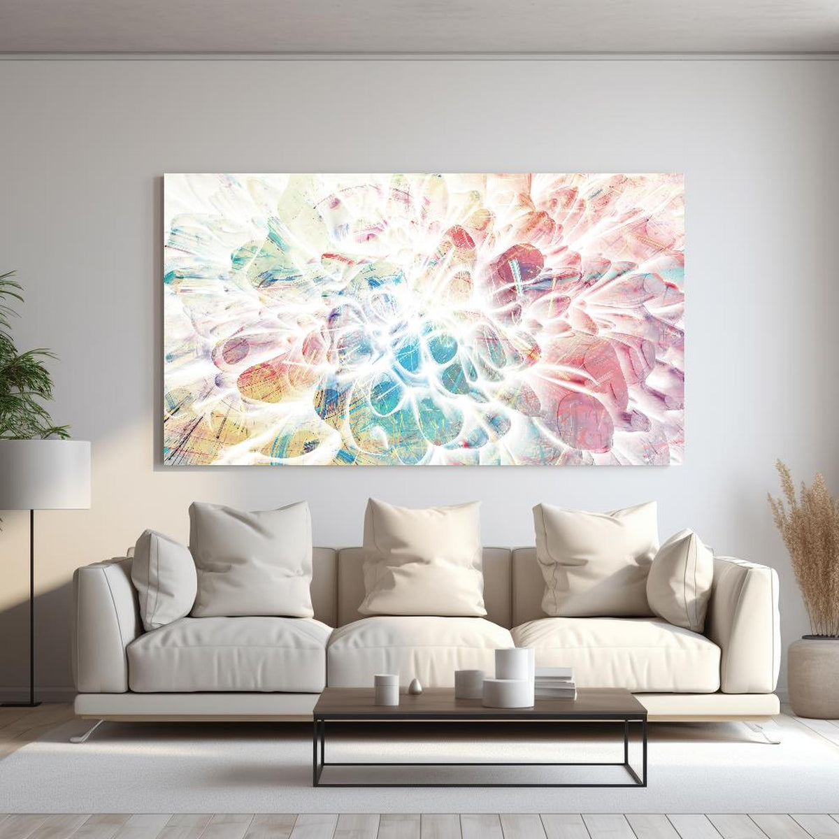 Wandbild - Moderne Kunst - Baumzweige hinter sanfter Couch mit cremefarbenen großen Kissen