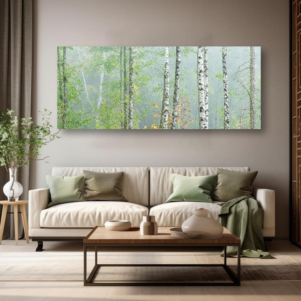 Wandbild - Nebeliger Birkenwald in kreativ eingerichtetem Zimmer mit moderner Vase