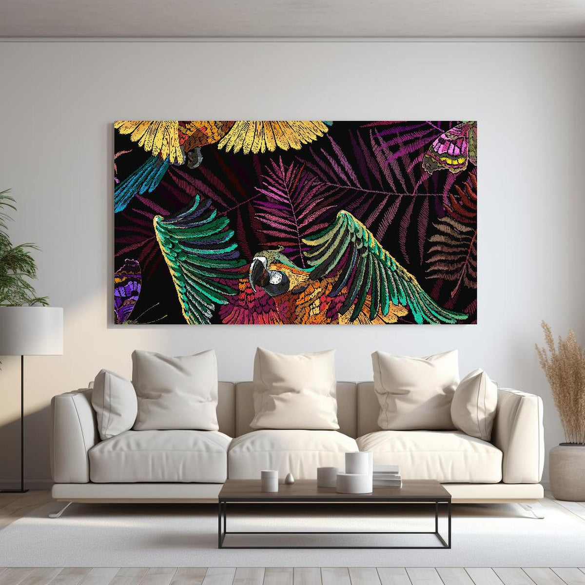 Wandbild - Papagaien - Stickmuster hinter sanfter Couch mit cremefarbenen großen Kissen