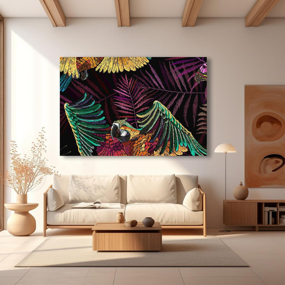 Wandbild - Papagaien - Stickmuster in modernem Wohnzimmer im Loft-Stil