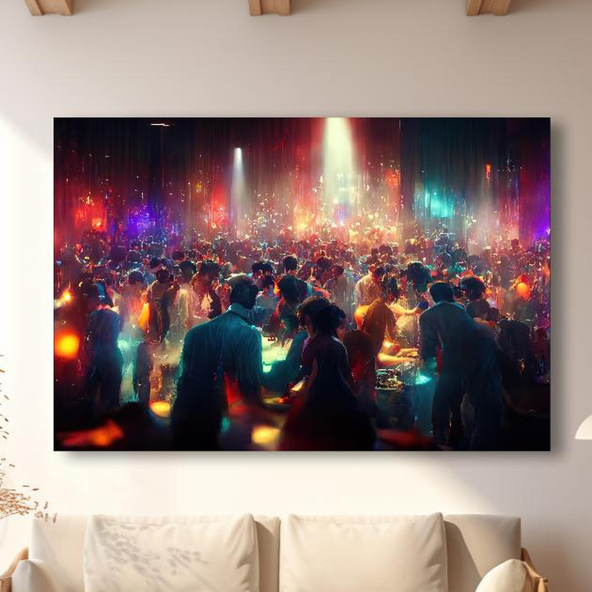 Wandbild - Party 3D-Illustration in modernem Wohnzimmer im Loft-Stil Zoom
