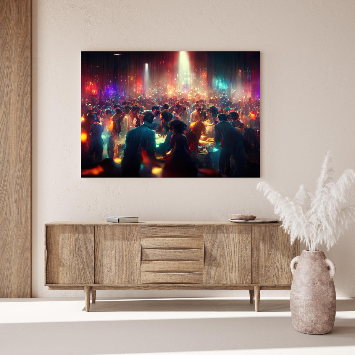 Wandbild - Party 3D-Illustration über Holzkommode hinter dekorativer Zimmerpflanze