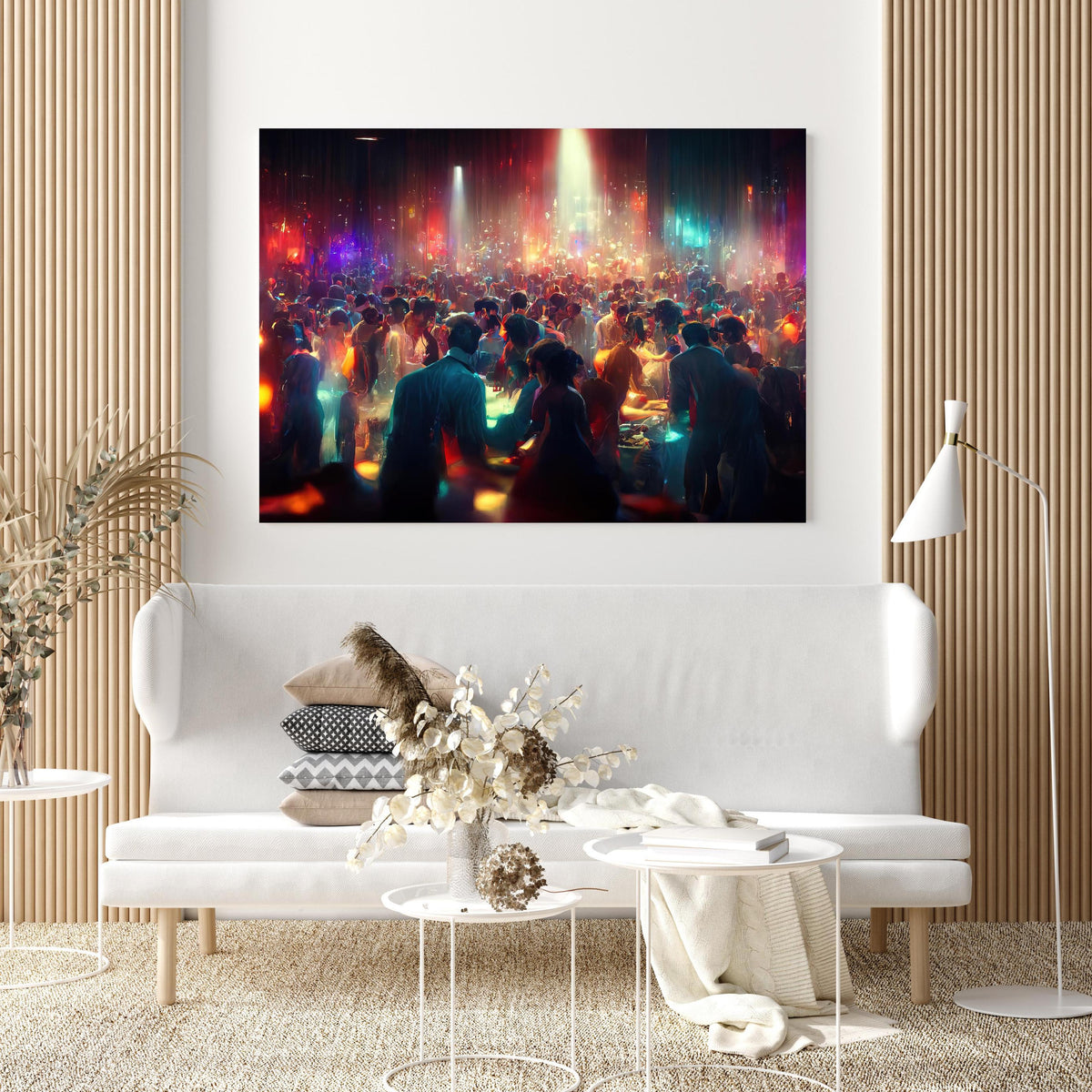 Wandbild - Party 3D-Illustration in extravagant gestaltetem Raum mit minimalistischer Couch-quadratisch