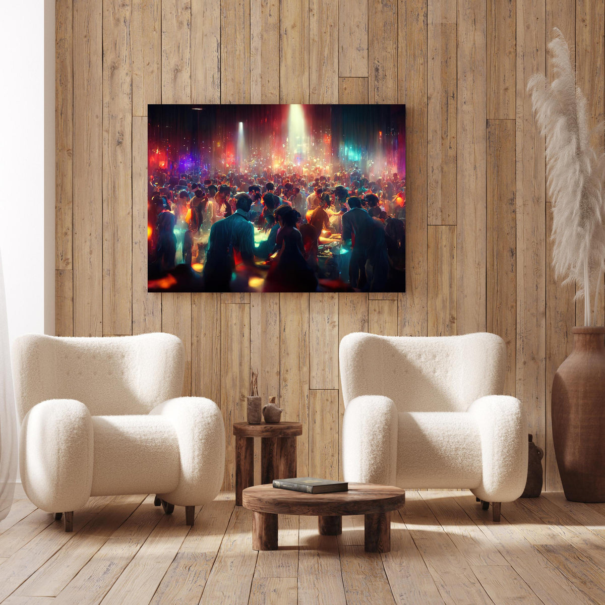 Wandbild - Party 3D-Illustration an Holzwand hinter sanften Sesseln mit Plüschbezug
