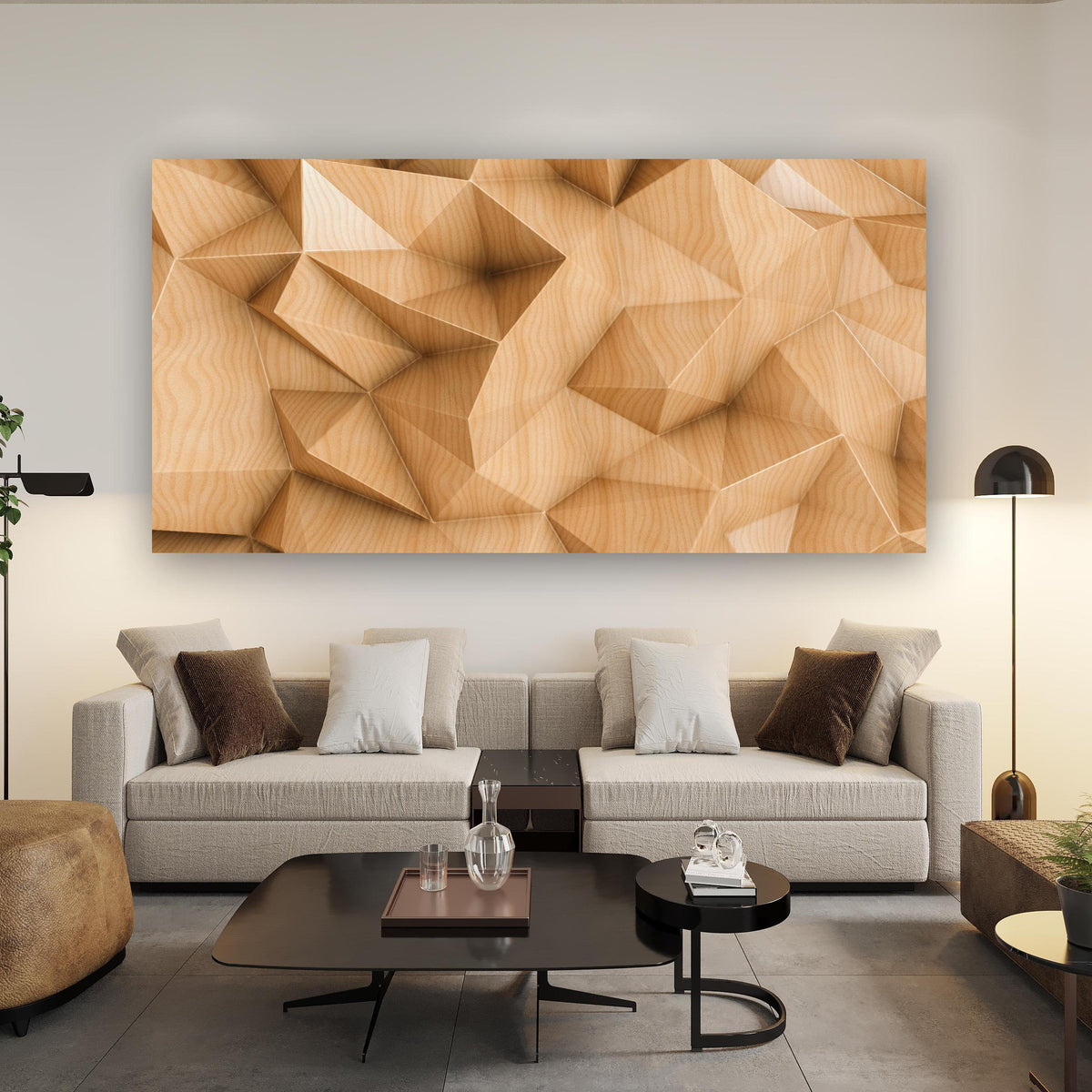 Wandbild - Polygonaler abstrakter Hintergrund über Urban-Stil Couch hinter futuristischem Tisch