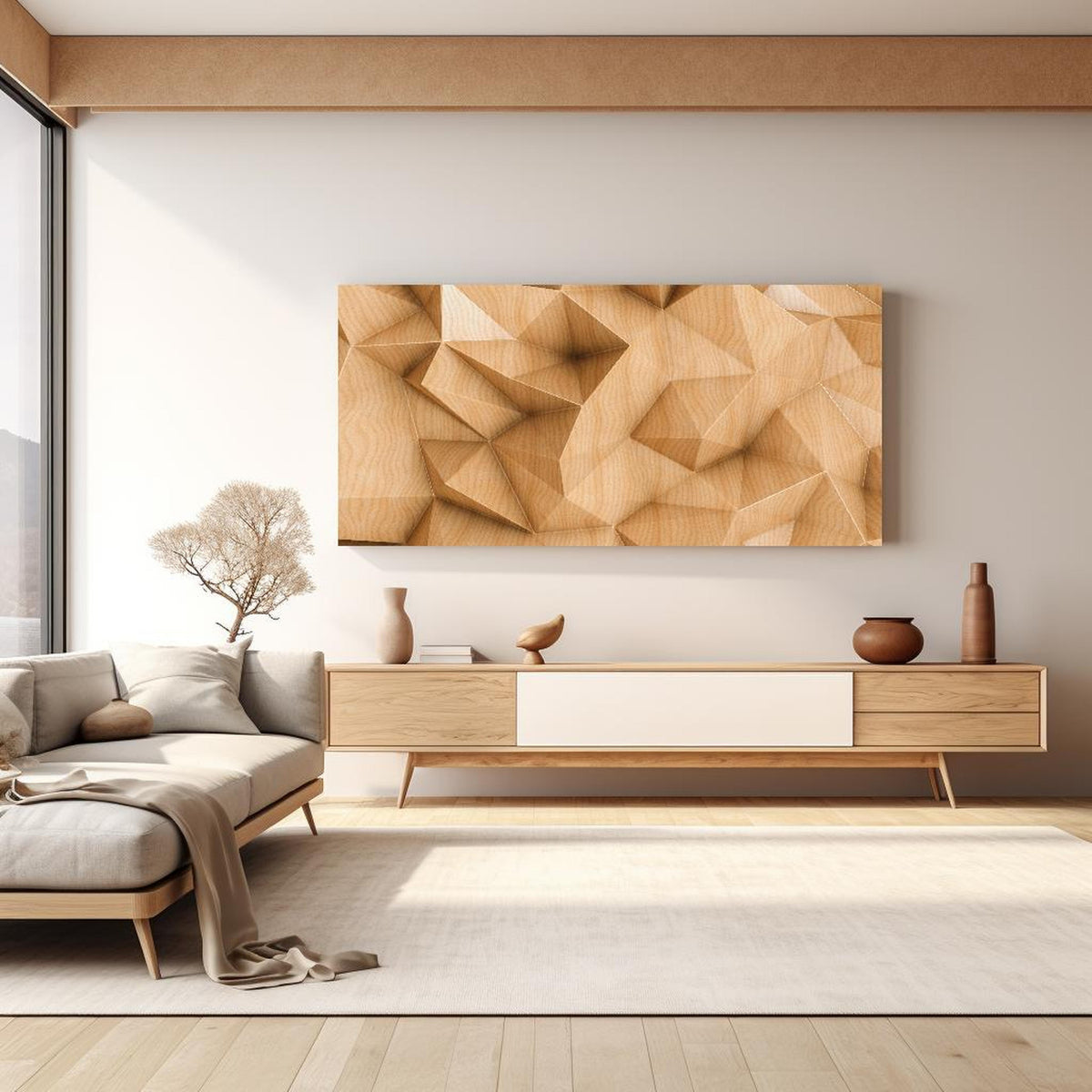 Wandbild - Polygonaler abstrakter Hintergrund in hellem Wohnzimmer über extravaganter Kommode