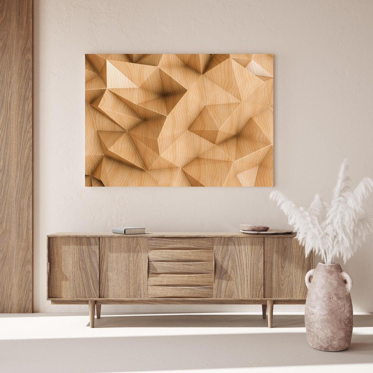 Wandbild - Polygonaler abstrakter Hintergrund über Holzkommode hinter dekorativer Zimmerpflanze