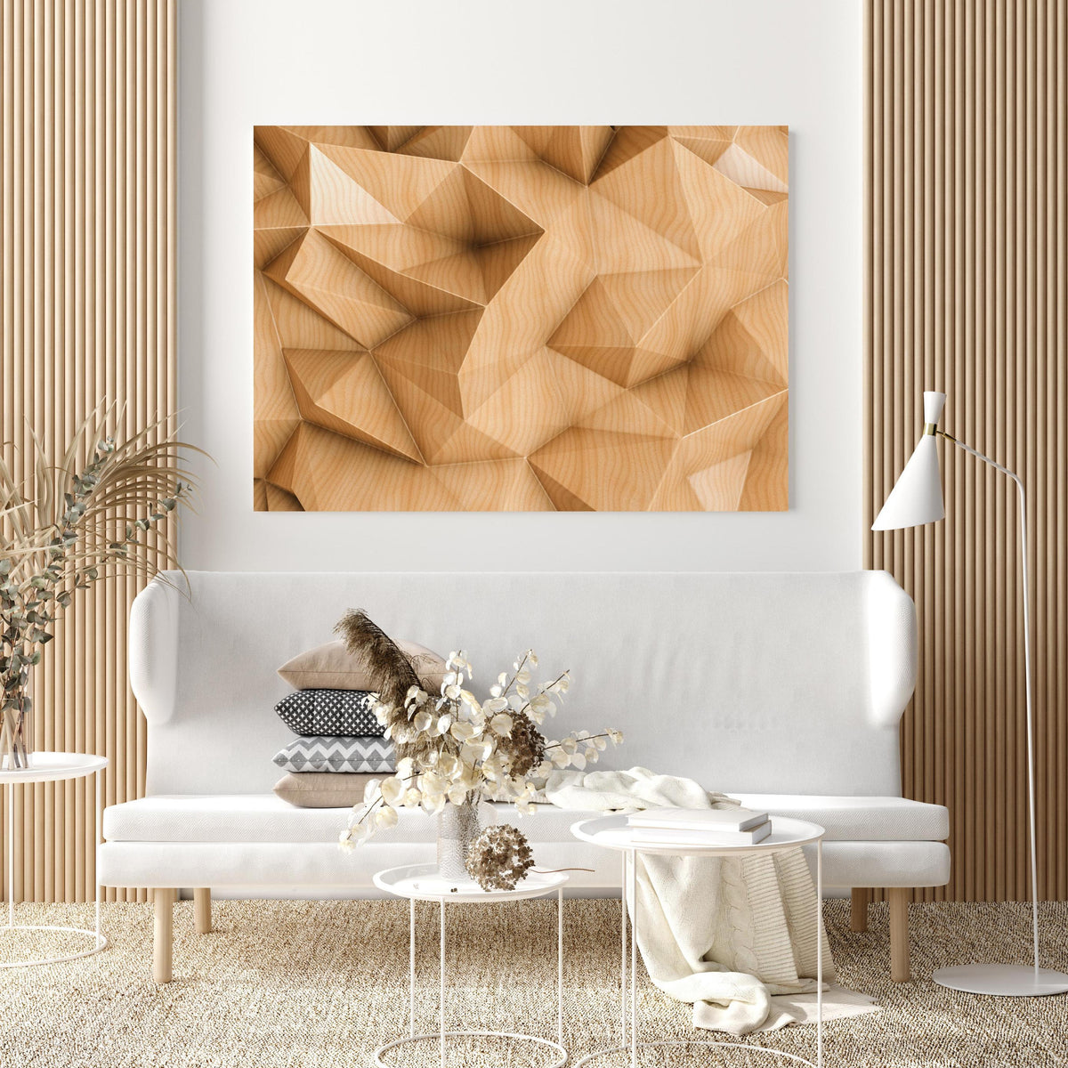 Wandbild - Polygonaler abstrakter Hintergrund in extravagant gestaltetem Raum mit minimalistischer Couch-quadratisch