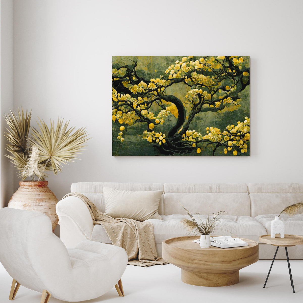 Wandbild - Sakura Baum - Japan in exotisch eingerichtetem Wohnzimmer über gemütlicher Couch