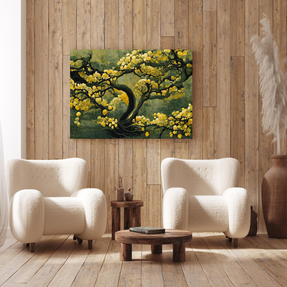 Wandbild - Sakura Baum - Japan an Holzwand hinter sanften Sesseln mit Plüschbezug
