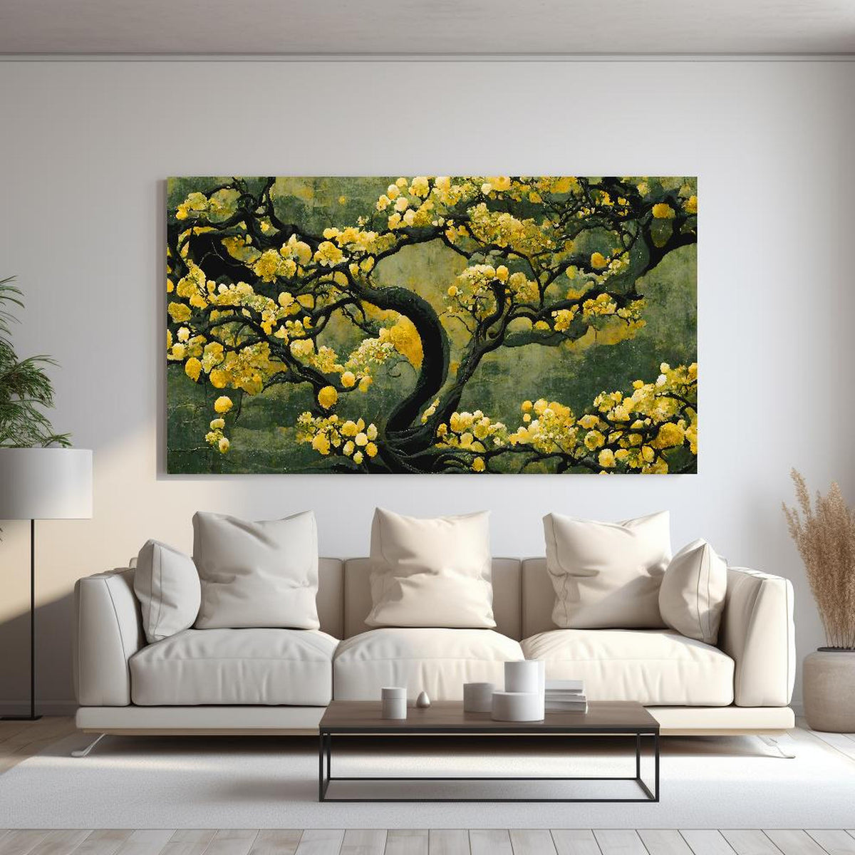 Wandbild - Sakura Baum - Japan hinter sanfter Couch mit cremefarbenen großen Kissen