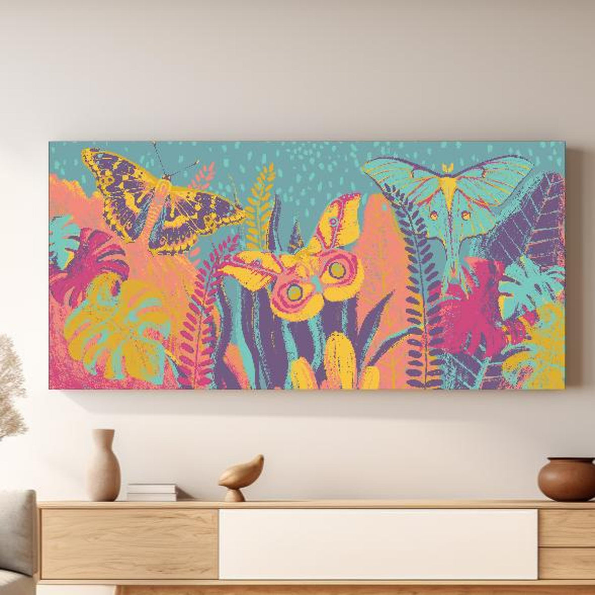 Wandbild - Tropischer Blick - Bunt in hellem Wohnzimmer über extravaganter Kommode Zoom
