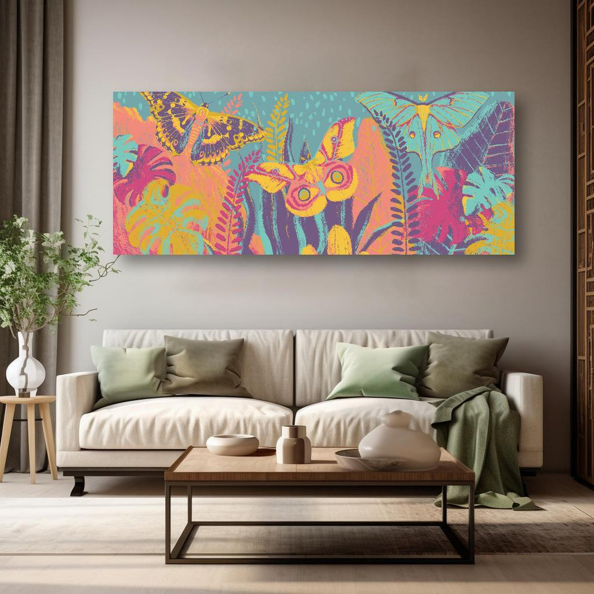 Wandbild - Tropischer Blick - Bunt in kreativ eingerichtetem Zimmer mit moderner Vase
