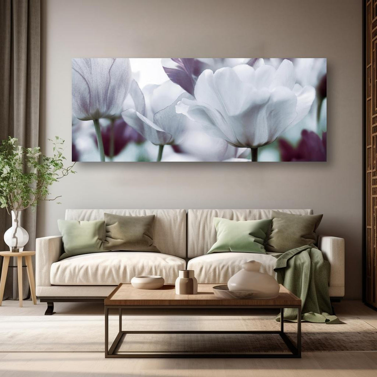 Wandbild - Weiße Tulpen in kreativ eingerichtetem Zimmer mit moderner Vase