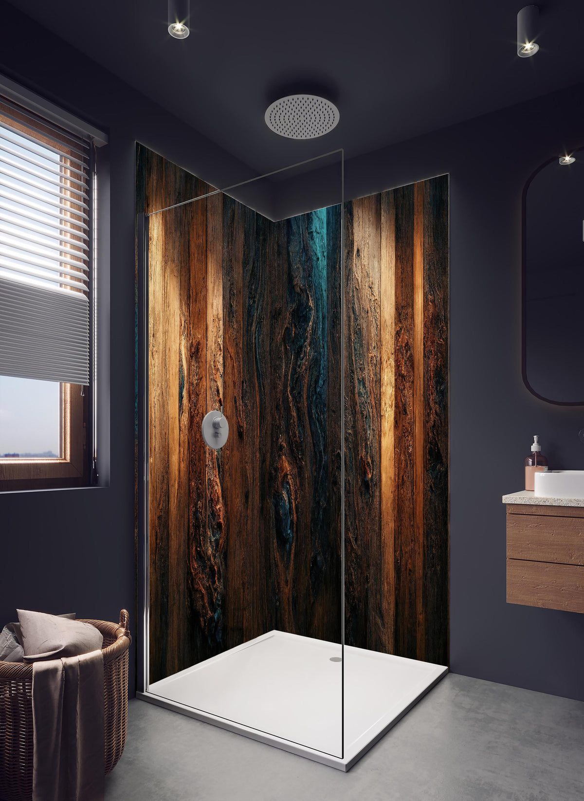 Duschrückwand - Altholz Tischplatte mit blauem Epoxy in hellem Badezimmer mit Regenduschkopf  - zweiteilige Eck-Duschrückwand