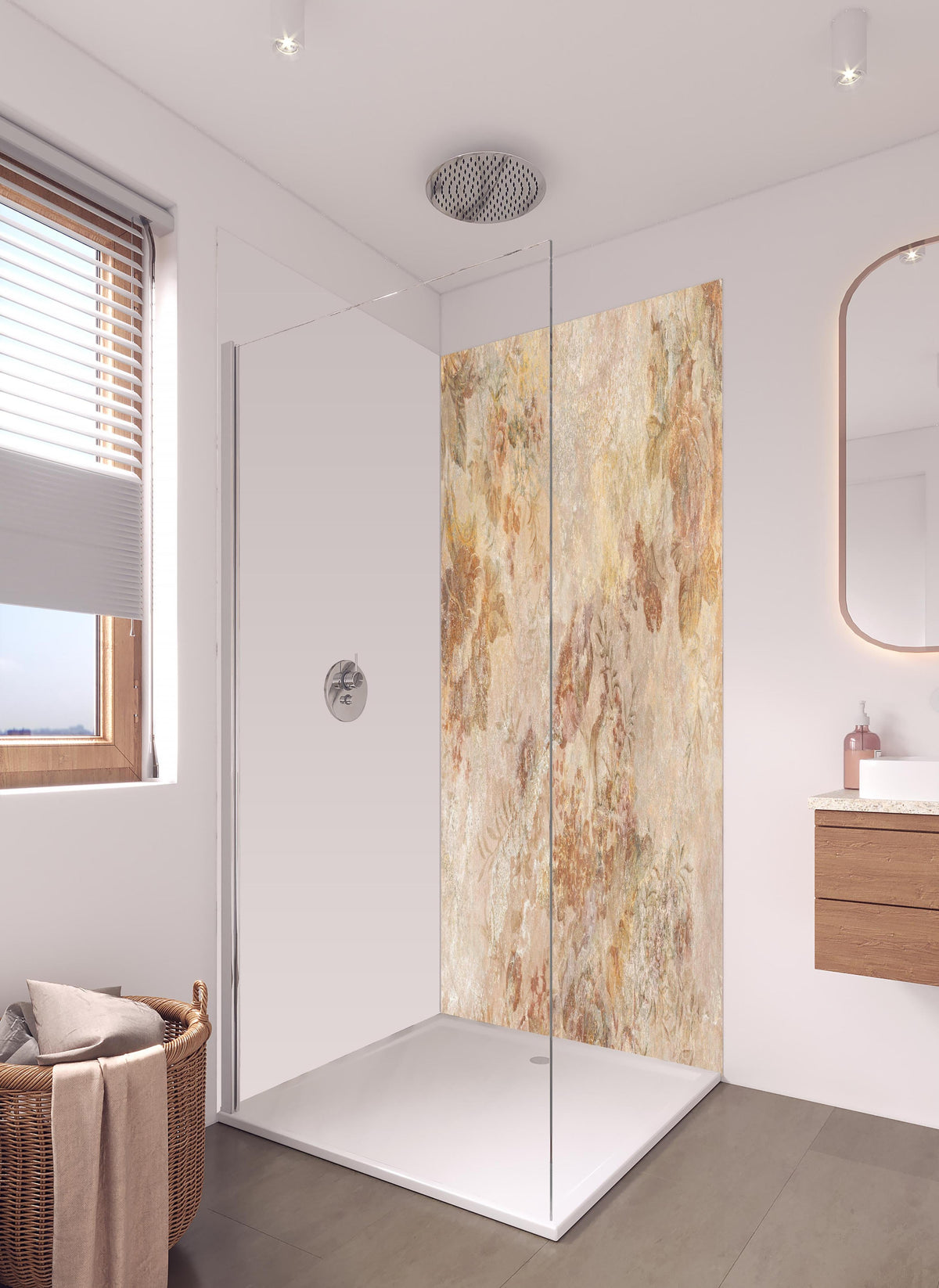 Duschrückwand - Antikes Blumen Design in hellem Badezimmer mit Regenduschkopf  - zweiteilige Eck-Duschrückwand