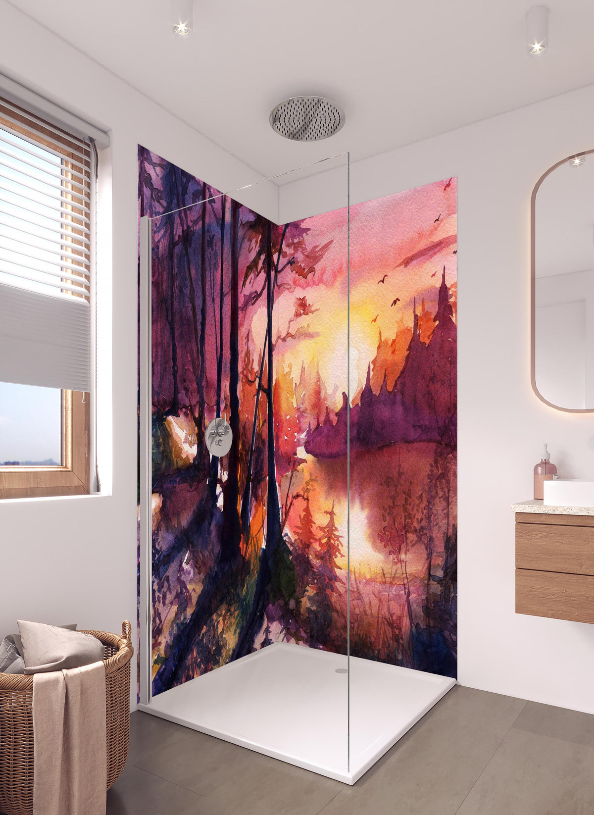 Duschrückwand - Aquarell Waldlandschaft Malerei in hellem Badezimmer mit Regenduschkopf  - zweiteilige Eck-Duschrückwand