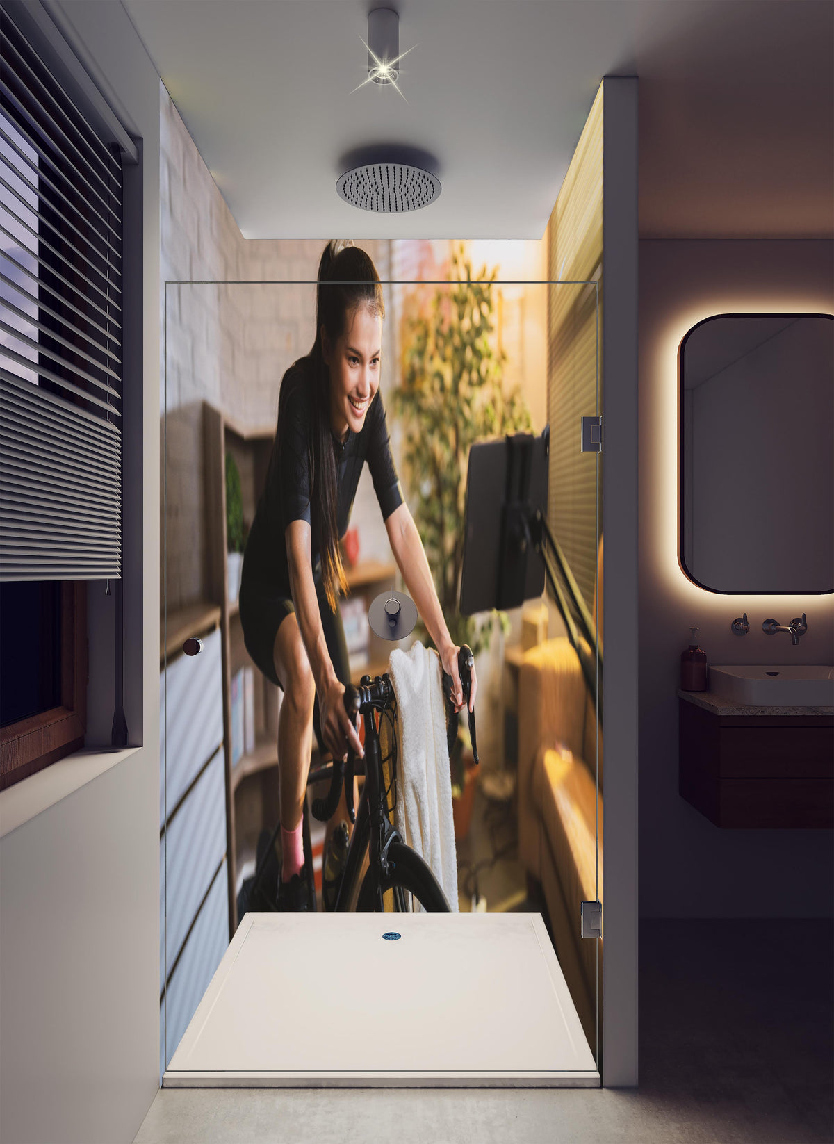 Duschrückwand - Asiatische Radfahrerin in luxuriöser Dusche mit Regenduschkopf