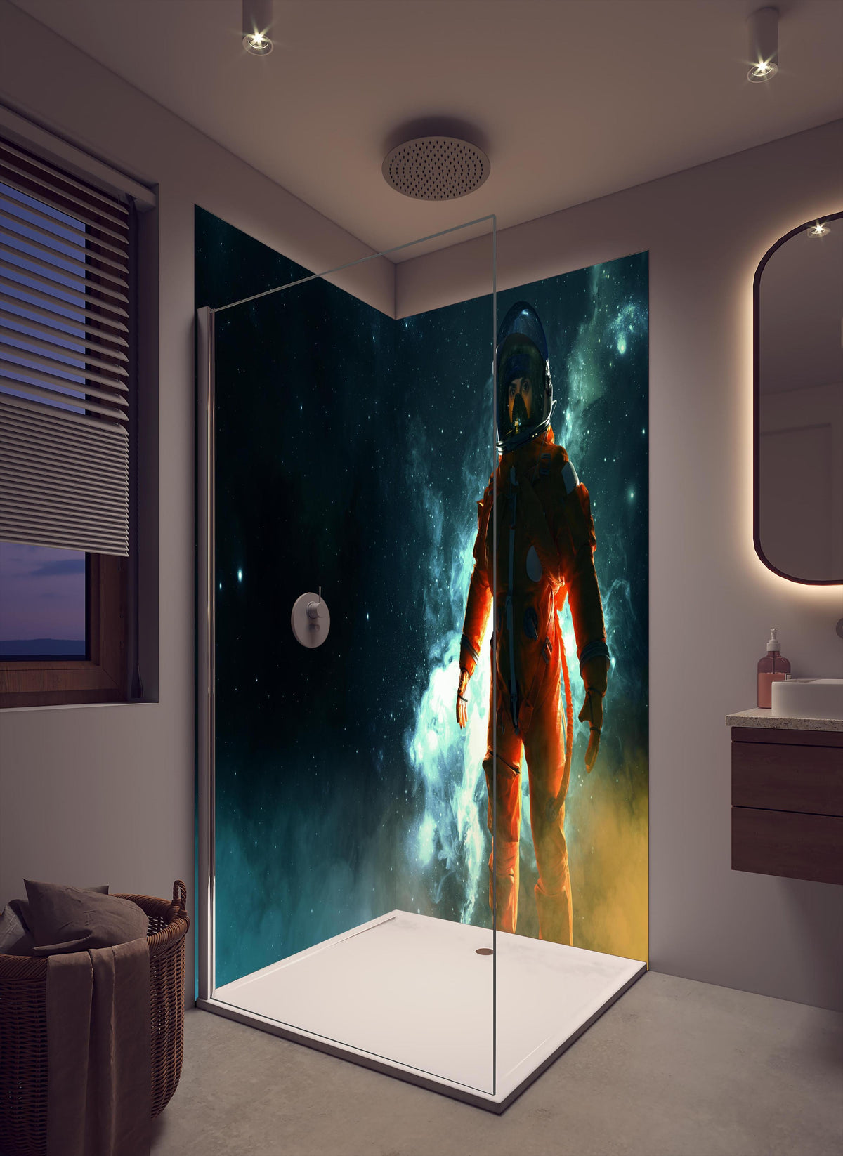 Duschrückwand - Astronaut im Weltraum in cremefarbenem Badezimmer mit Regenduschkopf