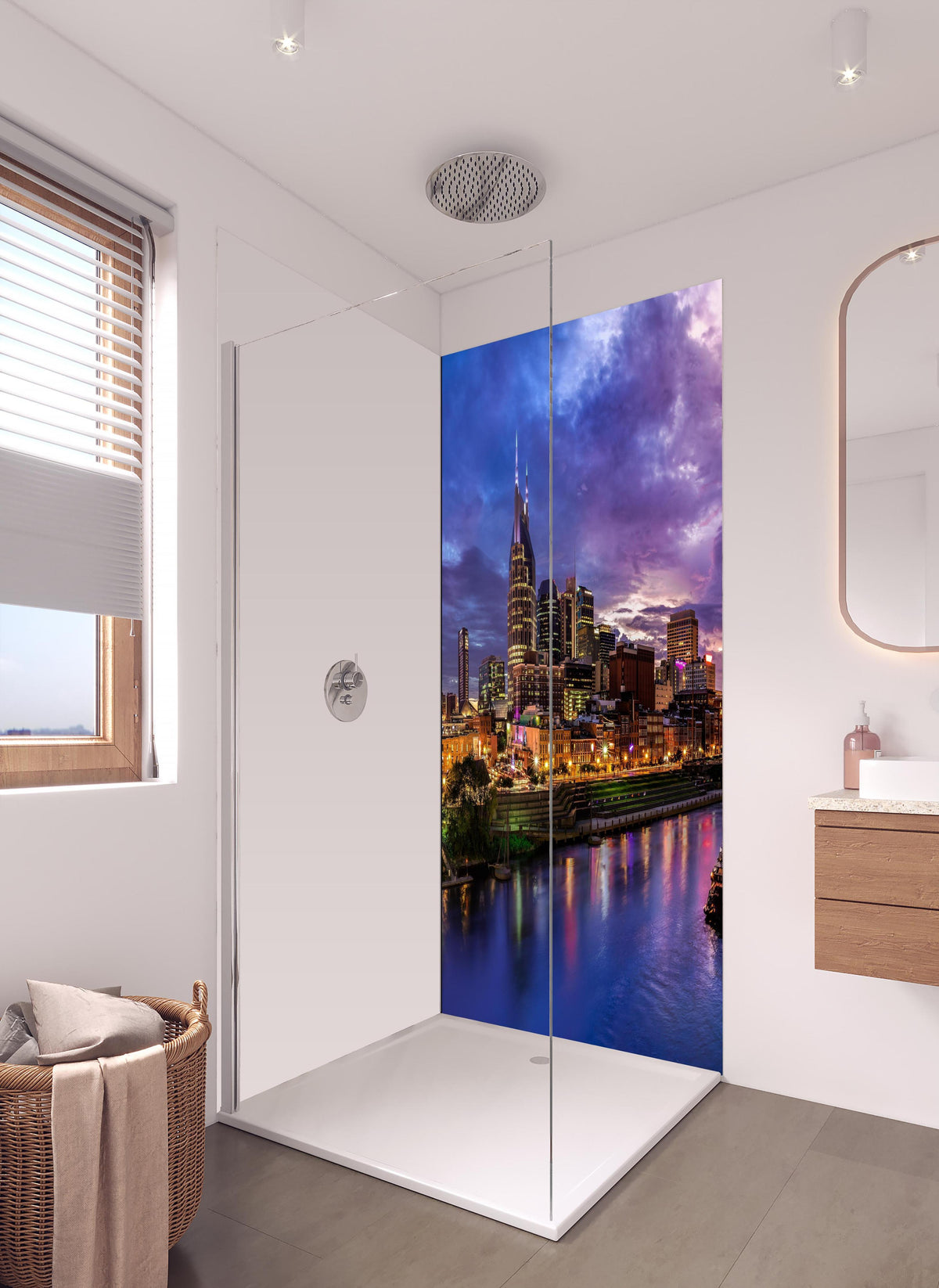 Duschrückwand - Bunte Skyline von Nashville in hellem Badezimmer mit Regenduschkopf - einteilige Duschrückwand