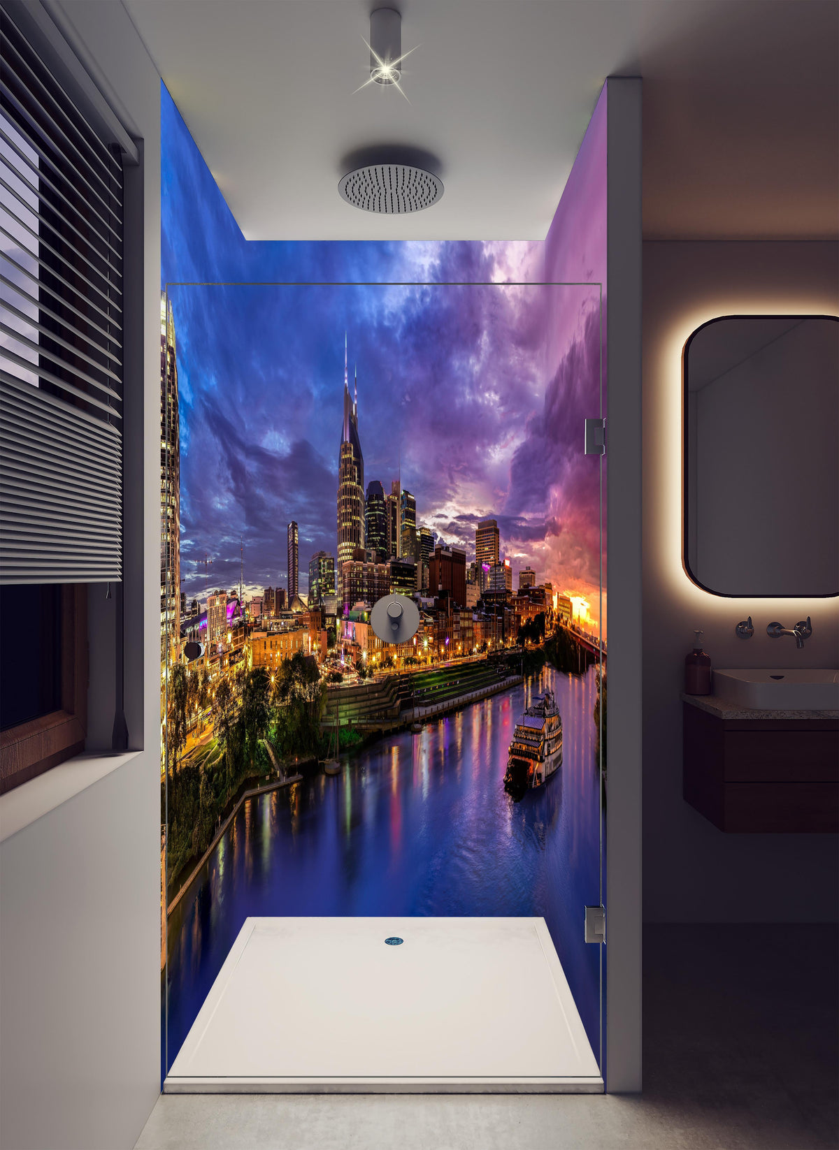 Duschrückwand - Bunte Skyline von Nashville in luxuriöser Dusche mit Regenduschkopf