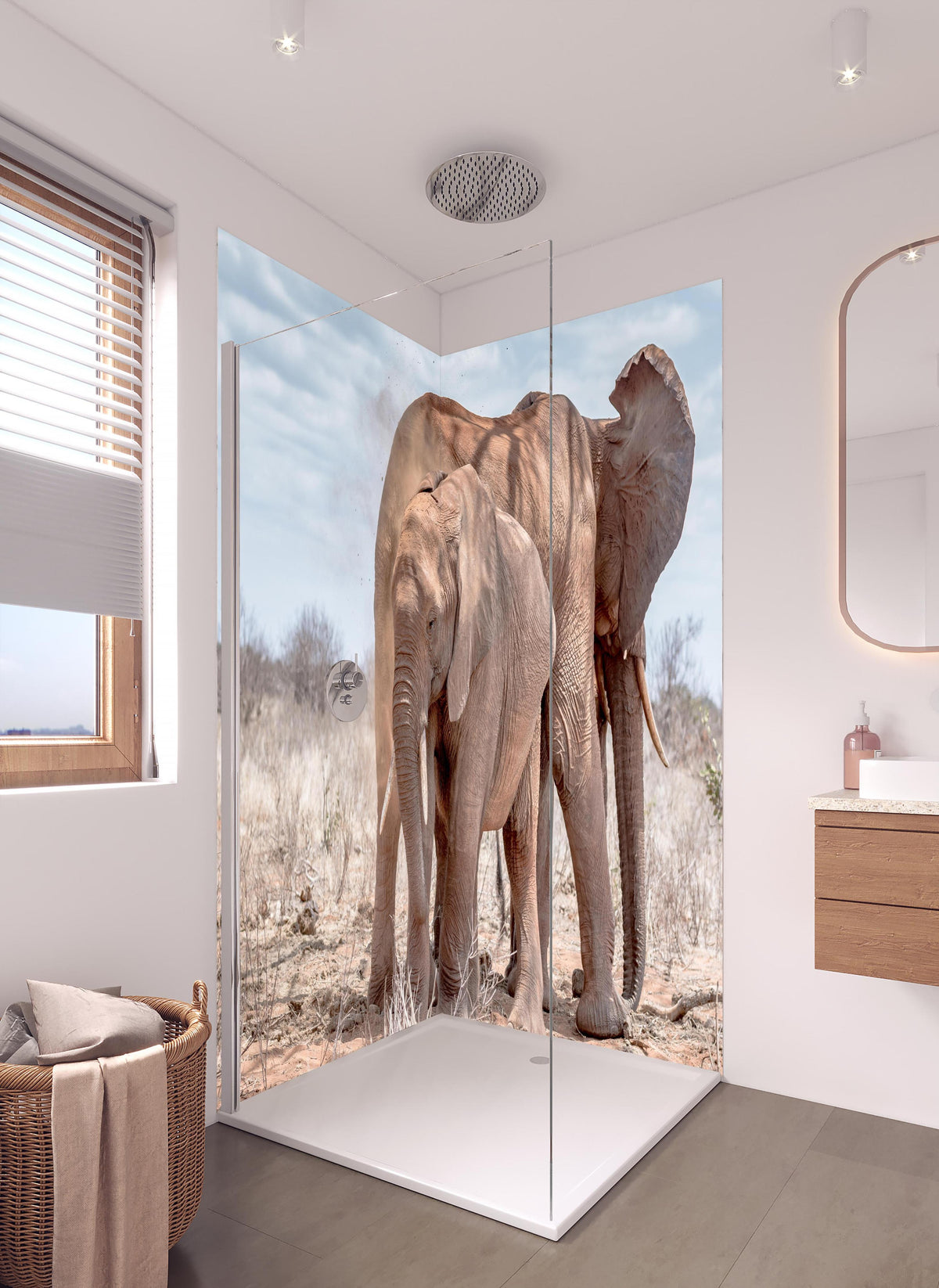 Duschrückwand - Elefanten von Tsavo in hellem Badezimmer mit Regenduschkopf  - zweiteilige Eck-Duschrückwand
