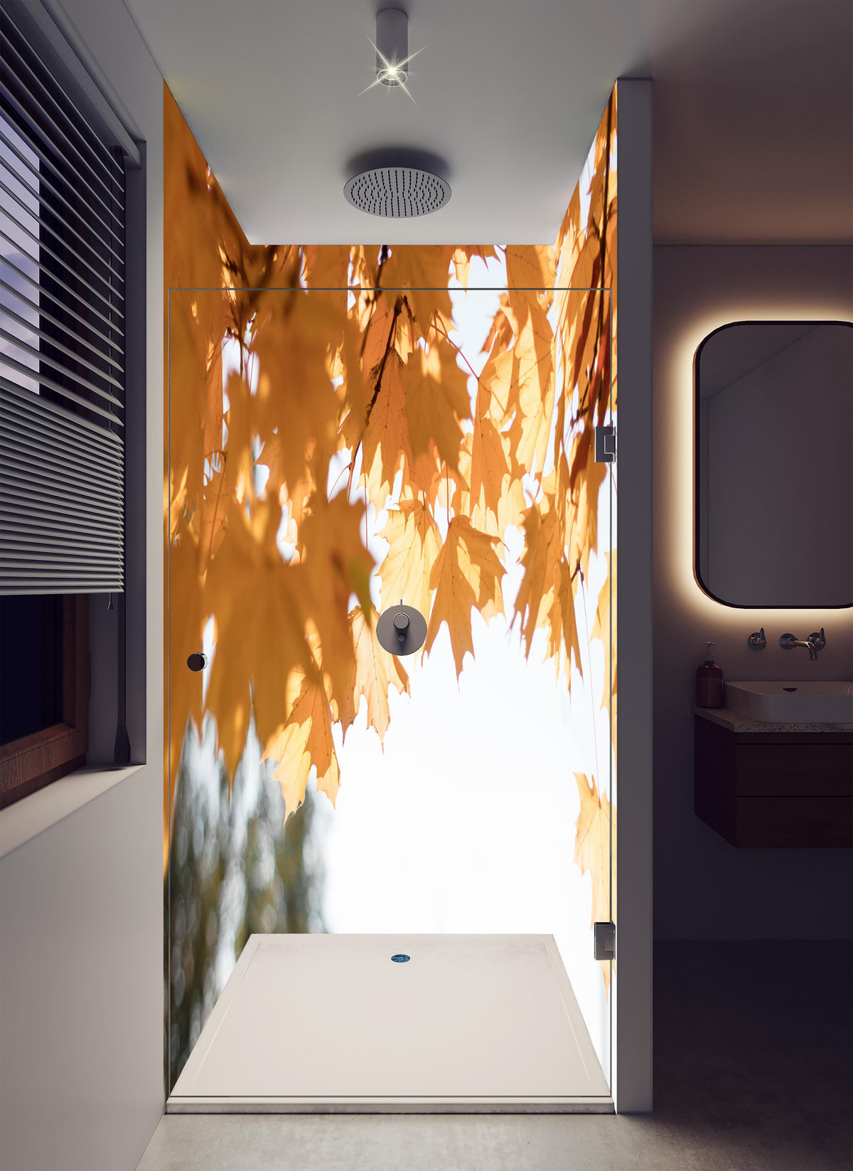 Duschrückwand - Gelben Ahornblättern im Herbst in luxuriöser Dusche mit Regenduschkopf