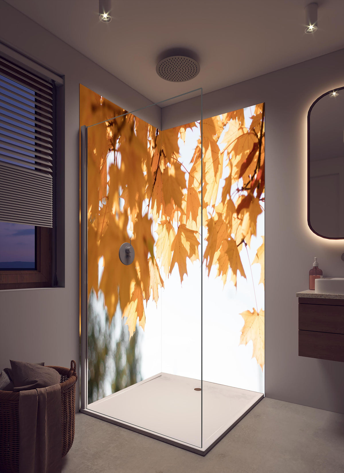 Duschrückwand - Gelben Ahornblättern im Herbst in cremefarbenem Badezimmer mit Regenduschkopf
