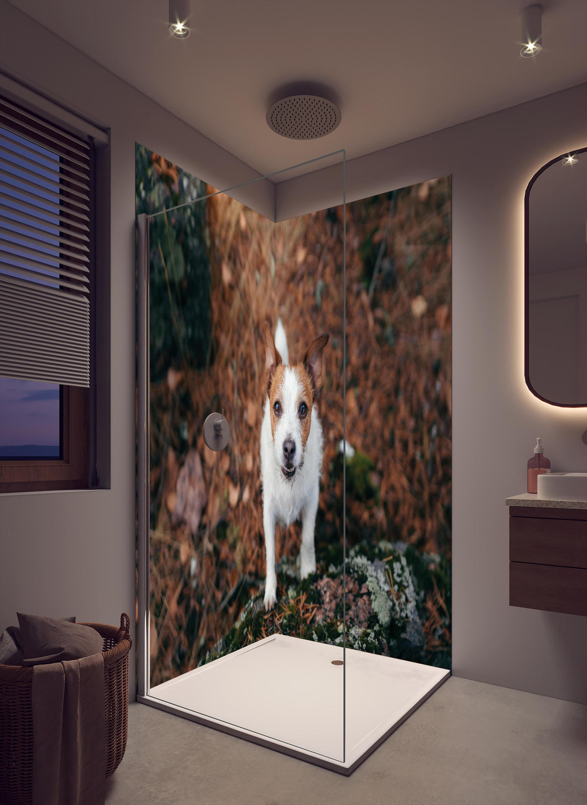 Duschrückwand - Jack Russell im herbstlichen Park in cremefarbenem Badezimmer mit Regenduschkopf