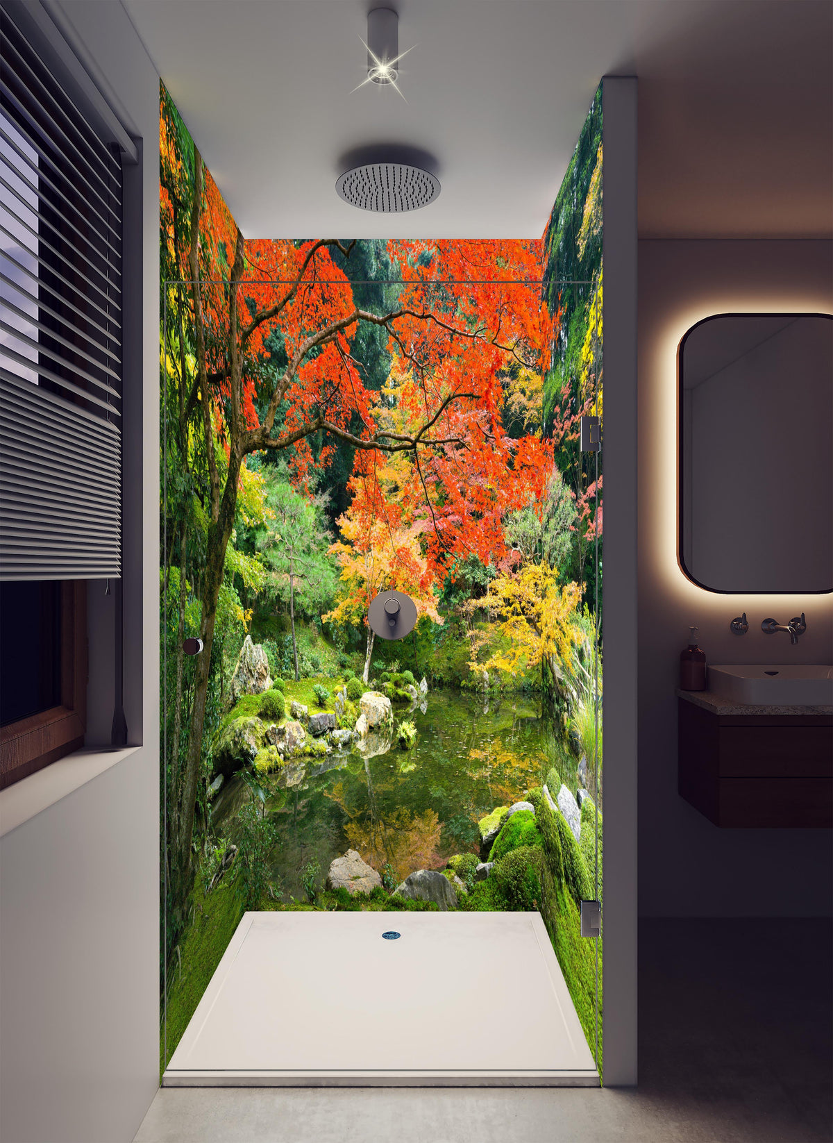 Duschrückwand - Japanischer Garten im Herbst in luxuriöser Dusche mit Regenduschkopf