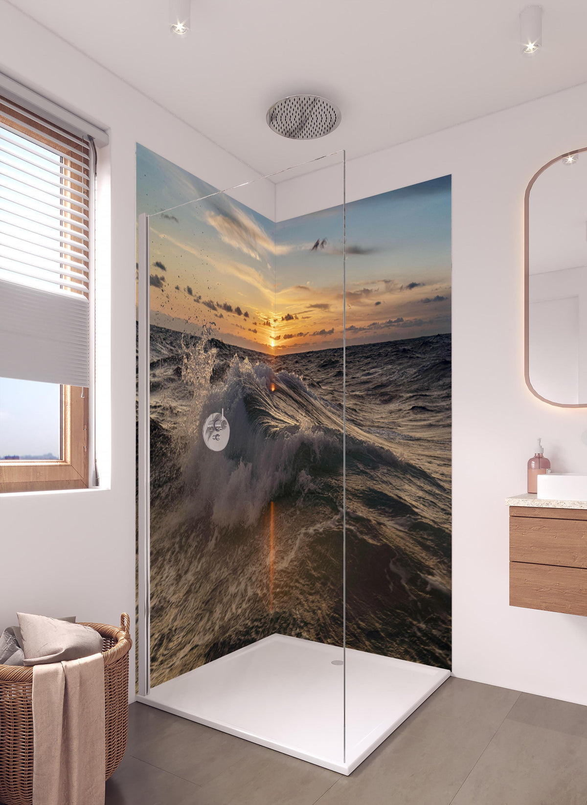 Duschrückwand - Kleine Windwelle bei Sonnenuntergang in hellem Badezimmer mit Regenduschkopf  - zweiteilige Eck-Duschrückwand