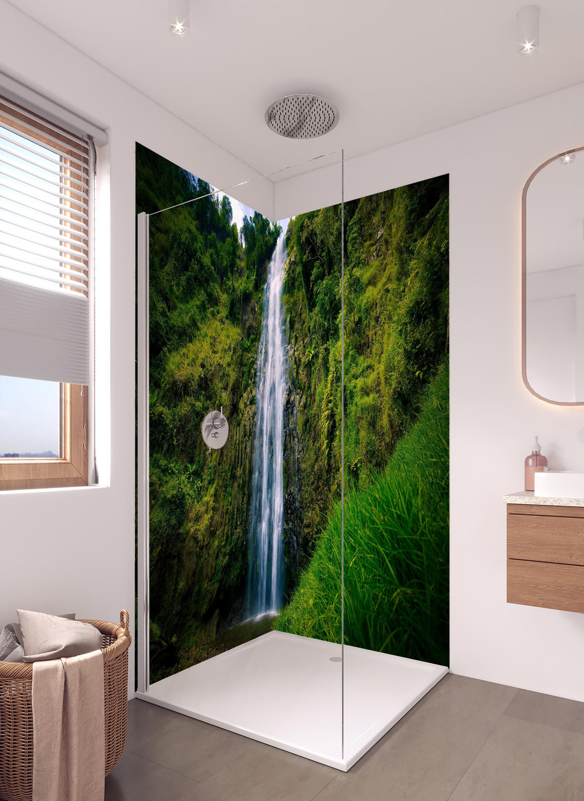 Duschrückwand - Materuni Waterfall in hellem Badezimmer mit Regenduschkopf  - zweiteilige Eck-Duschrückwand