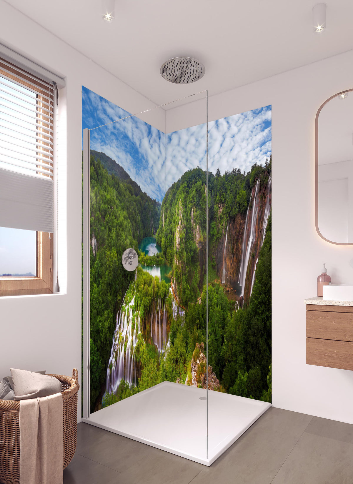 Duschrückwand - Multi-Wasserfall - Landschaft in hellem Badezimmer mit Regenduschkopf  - zweiteilige Eck-Duschrückwand