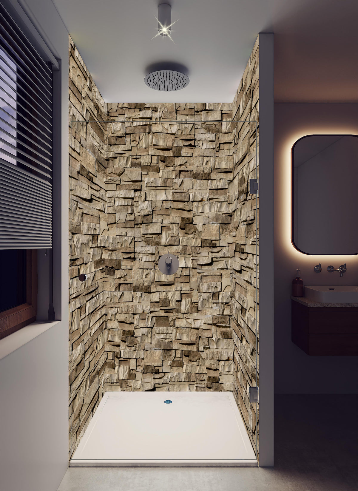 Duschrückwand - Nahtlose Textur von Klinkerfliesen - Dunkel in luxuriöser Dusche mit Regenduschkopf