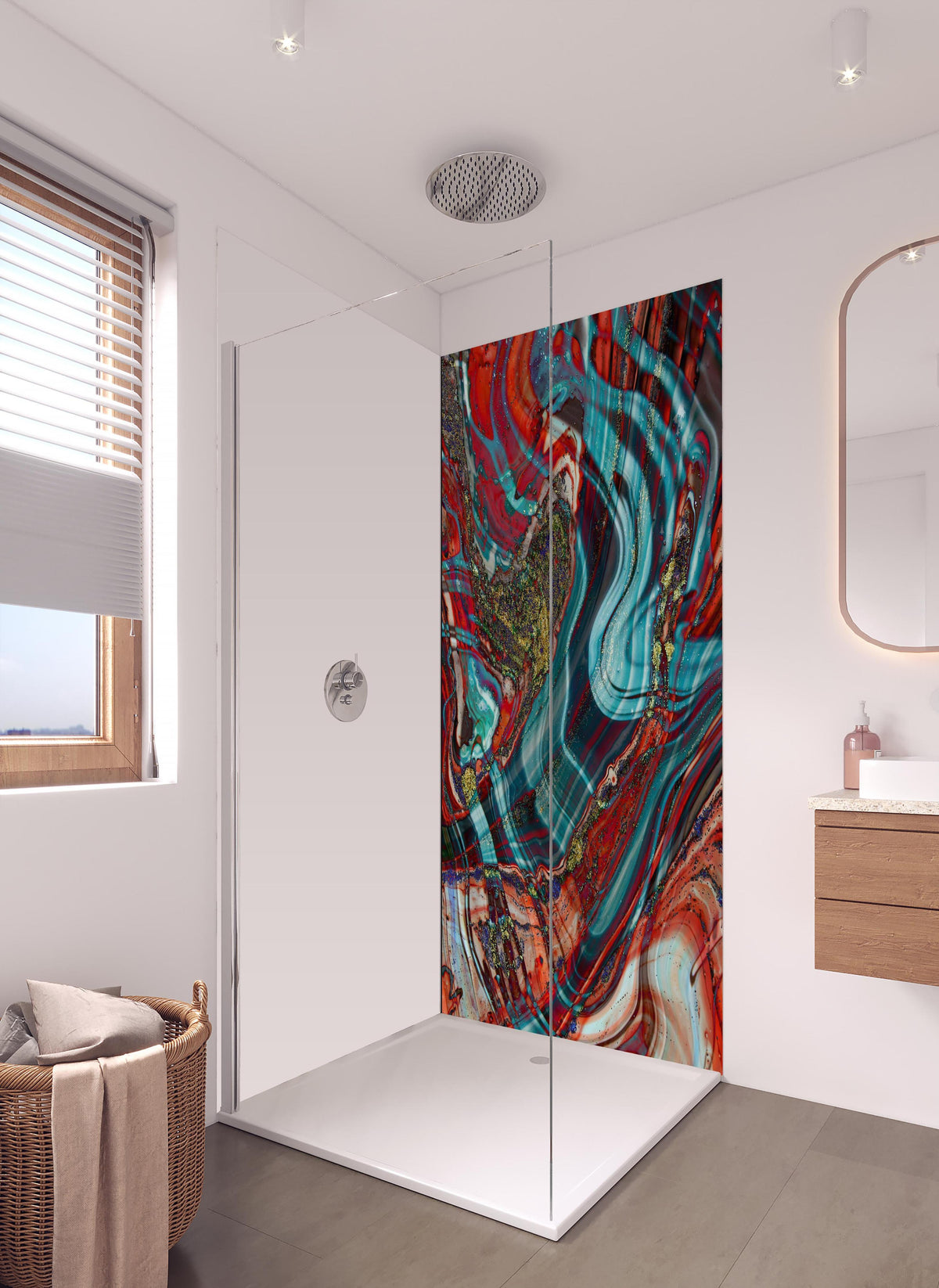 Duschrückwand - Natürlicher Luxus Marmor in hellem Badezimmer mit Regenduschkopf - einteilige Duschrückwand