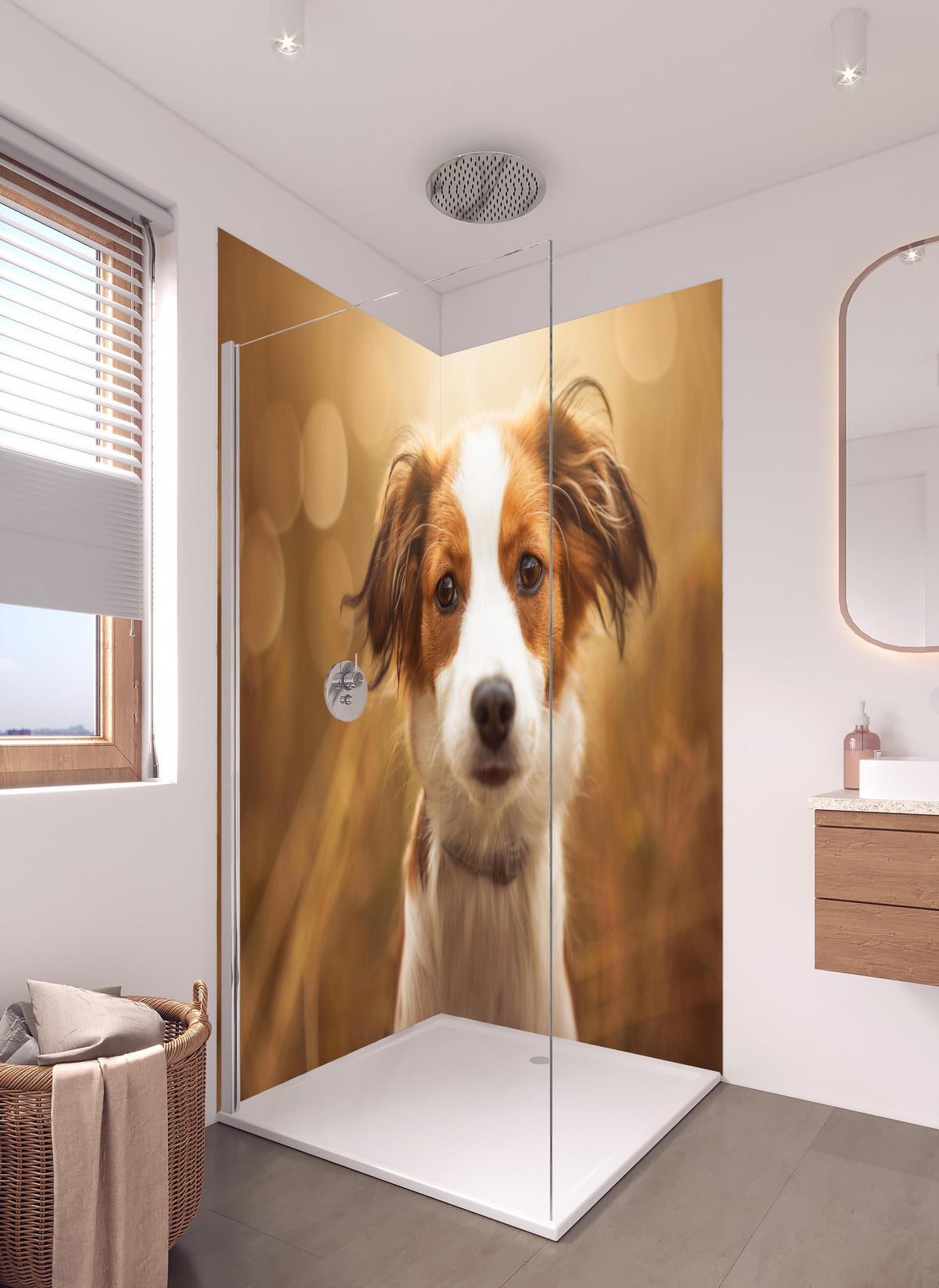Duschrückwand - Portrait eines süßen Kooiker Hundes in hellem Badezimmer mit Regenduschkopf  - zweiteilige Eck-Duschrückwand