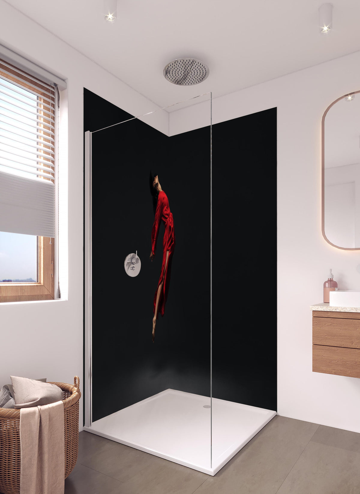 Duschrückwand - Springende Zeitgenössische Tänzerin  in hellem Badezimmer mit Regenduschkopf  - zweiteilige Eck-Duschrückwand