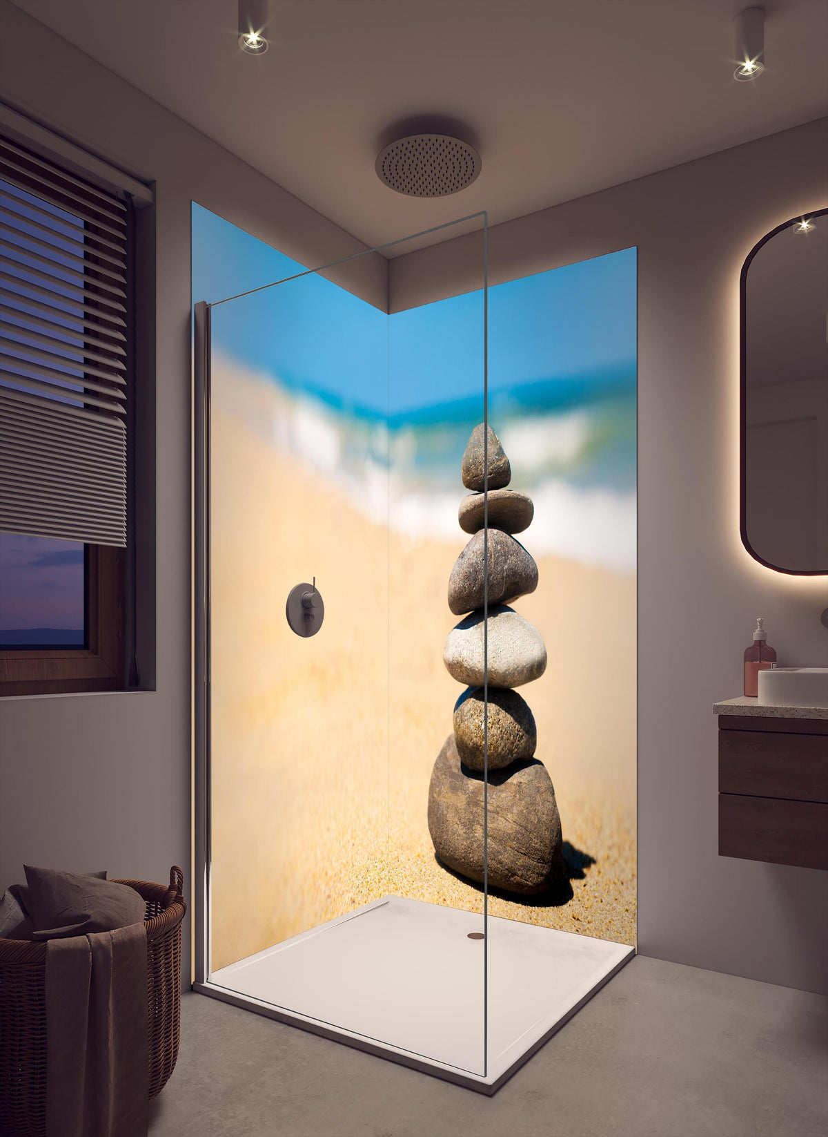 Duschrückwand - Steine Meditation Balance in cremefarbenem Badezimmer mit Regenduschkopf