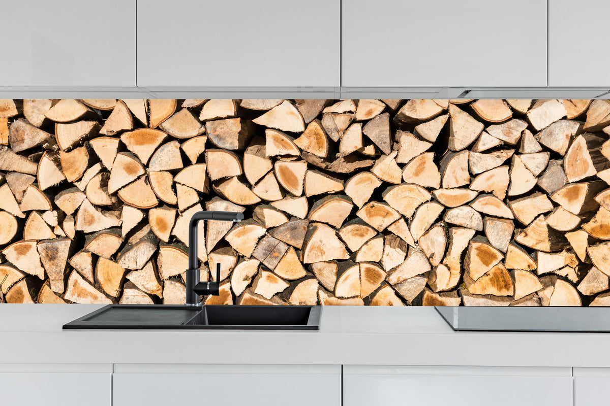 Küche - Holzscheite Panorama hinter weißen Hochglanz-Küchenregalen und schwarzem Wasserhahn