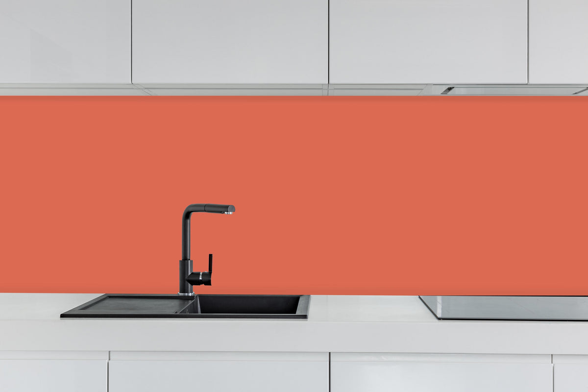 Küche - RAL 2012 (Lachsorange) hinter weißen Hochglanz-Küchenregalen und schwarzem Wasserhahn