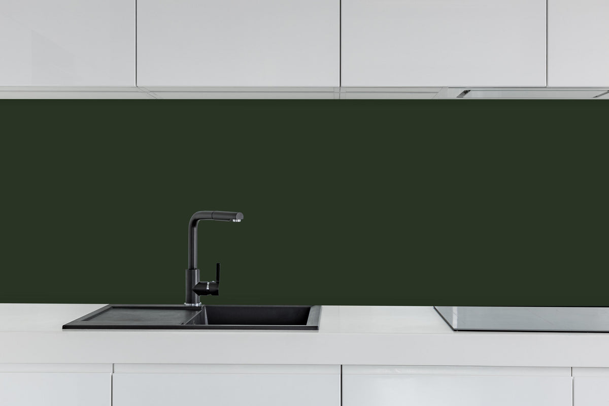 Küche - RAL 6007 (Flaschengrün) hinter weißen Hochglanz-Küchenregalen und schwarzem Wasserhahn