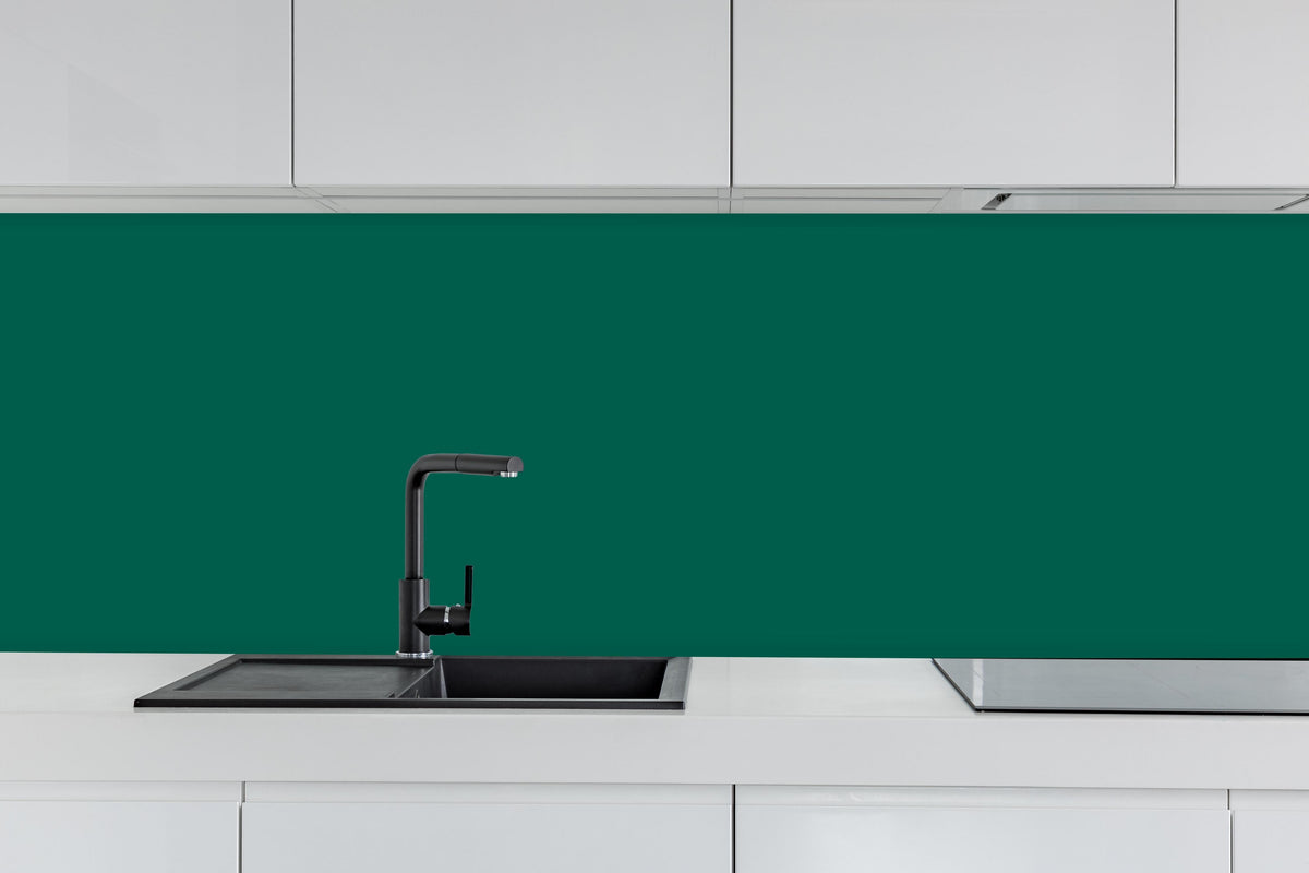Küche - RAL 6036 (Perlopalgrün) hinter weißen Hochglanz-Küchenregalen und schwarzem Wasserhahn