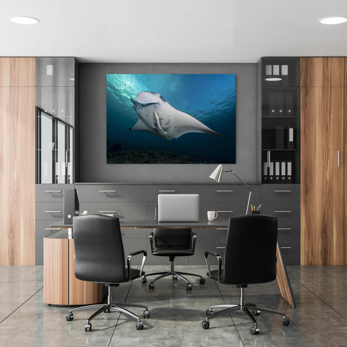 Office Poster  - Riff-Manta Unterwasser in klassischem Büroraum zwischen Holzschränken