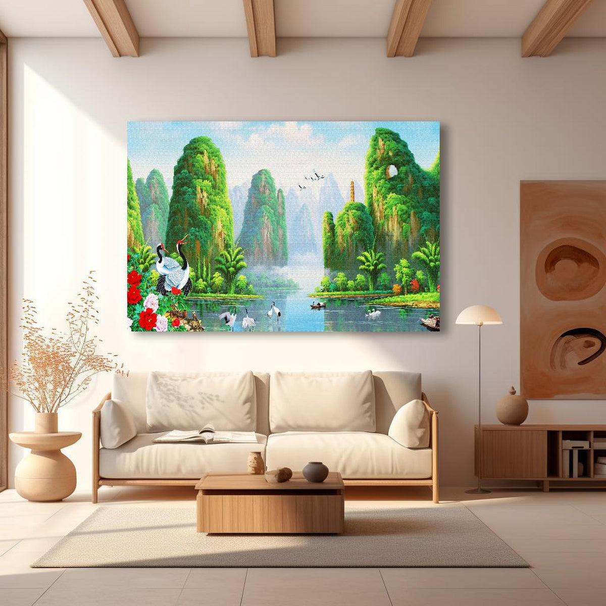 Wandbild - Vogelarten mit wunderschöner Berg/See Aussicht in modernem Wohnzimmer im Loft-Stil