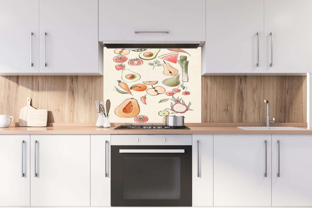 Spritzschutz - Belebendes Illustration-Design Tropischer Früchte hinter einem Cerankochfeld zwischen Holz-Kochutensilien
