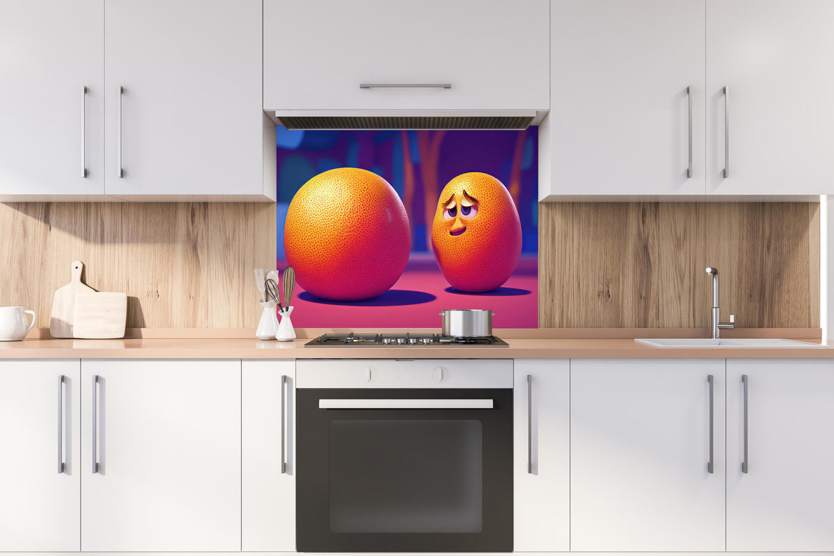 Spritzschutz - Cartoon Orangen hinter einem Cerankochfeld zwischen Holz-Kochutensilien
