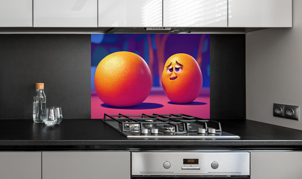Spritzschutz - Cartoon Orangen hinter einem Cerankochfeld zwischen Holz-Kochutensilien
