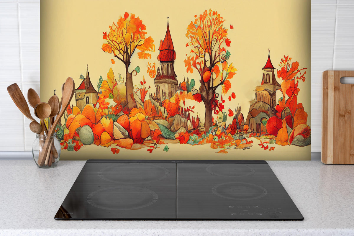 Spritzschutz - Stadt im Herbst: Illustration mit warmen Orangetönen hinter einem Cerankochfeld zwischen Holz-Kochutensilien
