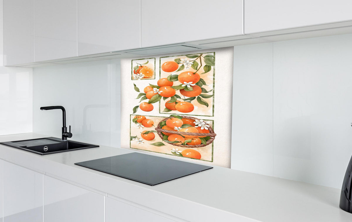 Spritzschutz - Vibrantes Orangenfrucht Stillleben mit Blumen hinter einem Cerankochfeld zwischen Holz-Kochutensilien
